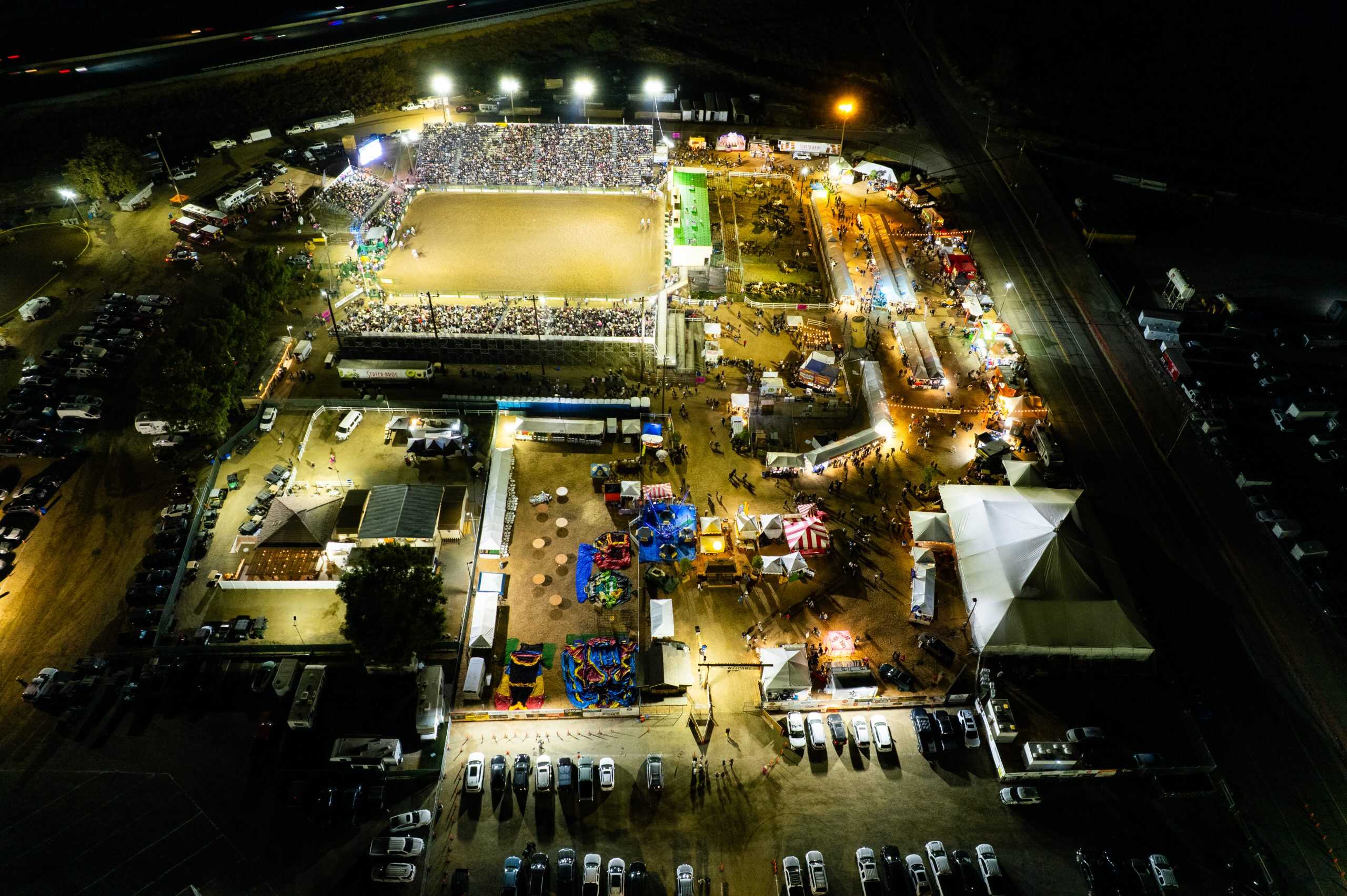 Drone view of the event site at night where the event WiFi is provided by PopUp WiFi.