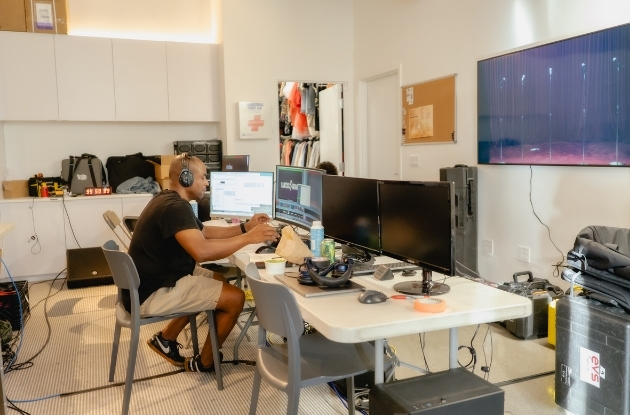 Livestream broadcast monitor running on dedicated bonded internet during a Los Angeles production