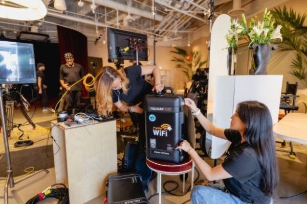Crew testing dedicated internet connectivity ahead of a live broadcast in Los Angeles